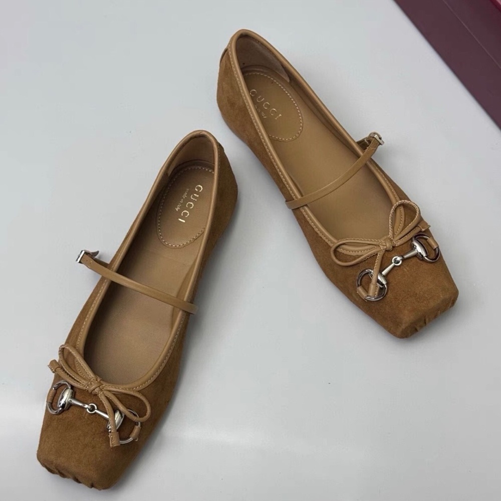 Gucci Women's Tan Suede Flats with Metal Detail